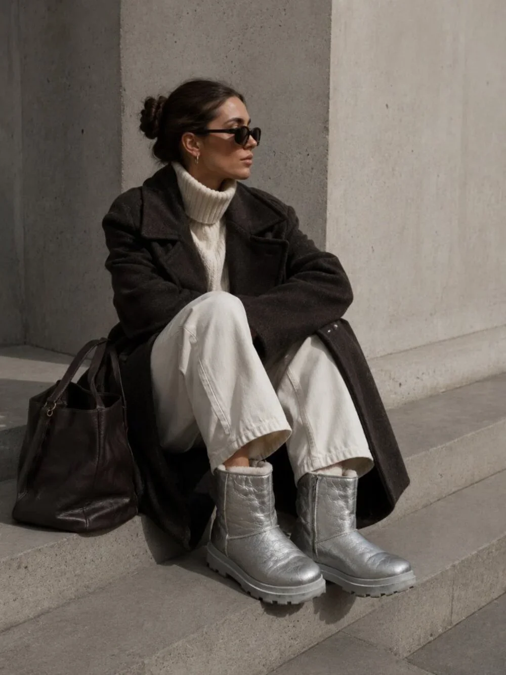 DWRS Metallic Silver Leather Ankle Boots Shearling Lined Platform Lug Sole 10.5